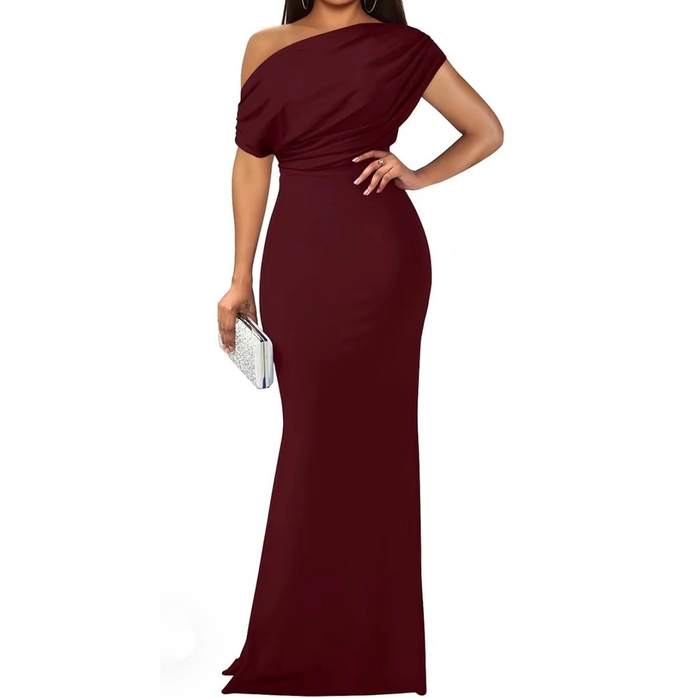 NWT OYS Large Maroon Elegant Sleeveless Off Shoulder Long Formal Evening Dress